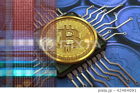3d illustration of bitcoin with computer chip 3d illustration of bitcoin with computer chip 42464091