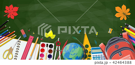 Green chalkboard and school supplies. Green chalkboard and school supplies. 42464388