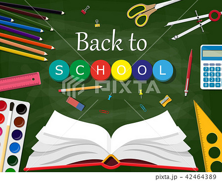 Green chalkboard and school supplies. Green chalkboard and school supplies. 42464389