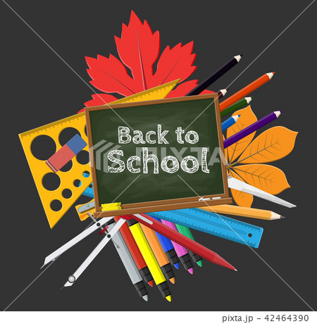 Green chalkboard and school supplies. Green chalkboard and school supplies. 42464390
