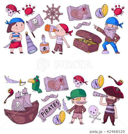 Pirate party for little children. Kindergarten background. Sea and ocean adventures. Ship and Pirate party for little children. Kindergarten background. Sea and ocean adventures. Ship and 42468520