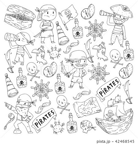 Coloring book with pirates. Pirate sea party background for children, little kids. Travel and Coloring book with pirates. Pirate sea party background for children, little kids. Travel and 42468545