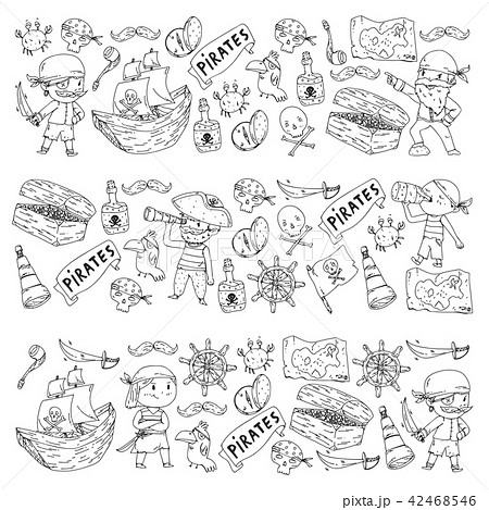 Coloring book with pirates. Pirate sea party background for children, little kids. Travel and 42468546