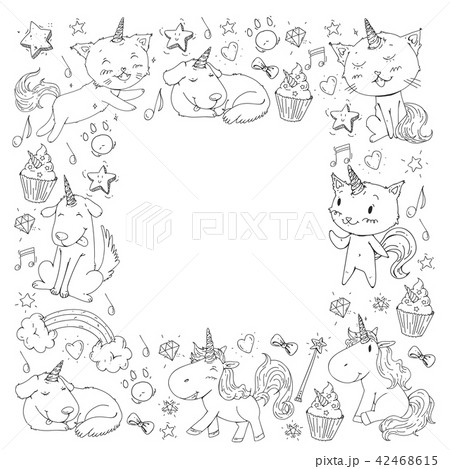 Unicorn. Cats, dog, horse, pony. Vector image. Coloring page for children book. Kindergarten Unicorn. Cats, dog, horse, pony. Vector image. Coloring page for children book. Kindergarten 42468615
