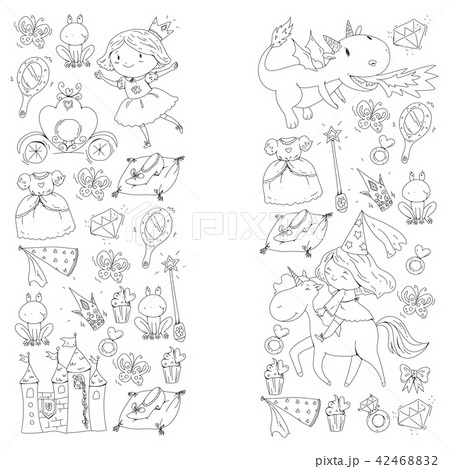 Coloring page for book. Cute little princess with unicorn and dragon. Castle for little girl, dress 42468832