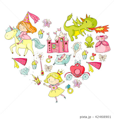 Princess vector patterns. Cute little princess with unicorn and dragon. Castle for little girl 42468901