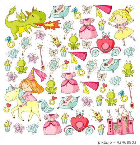 Princess vector patterns. Cute little princess with unicorn and dragon. Castle for little girl Princess vector patterns. Cute little princess with unicorn and dragon. Castle for little girl 42468903