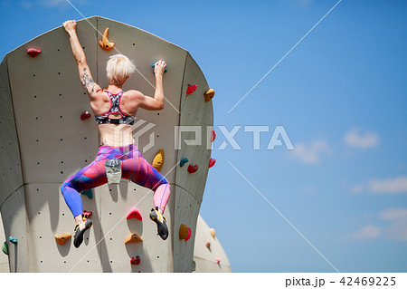 Photo from back of young athlete woman with short hairstyle on wall for rock climbing against blue Photo from back of young athlete woman with short hairstyle on wall for rock climbing against blue 42469225