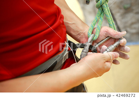 Close-up photo of man climber with safety rope in hands at sports hall Close-up photo of man climber with safety rope in hands at sports hall 42469272