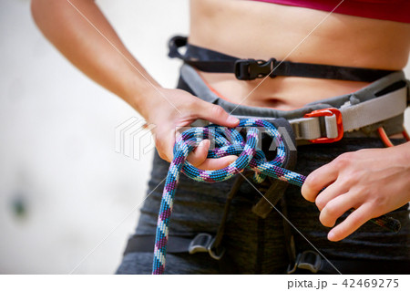 Close-up photo of athlete girl climber with safety rope in hands at gym Close-up photo of athlete girl climber with safety rope in hands at gym 42469275