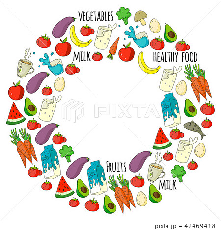 Pattern with healthy food. Cooking class, menu elements for restaurant, cafe. Milk, ice cream, fish 42469418