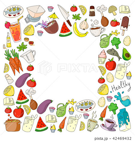 Pattern with healthy food. Cooking class, menu elements for restaurant, cafe. Milk, ice cream, fish Pattern with healthy food. Cooking class, menu elements for restaurant, cafe. Milk, ice cream, fish 42469432