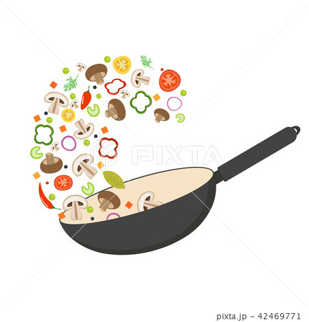 Wok pan, tomato, paprika, pepper, shiitake mushroom and carrots. Asian food. Fresh flying vegetables 42469771