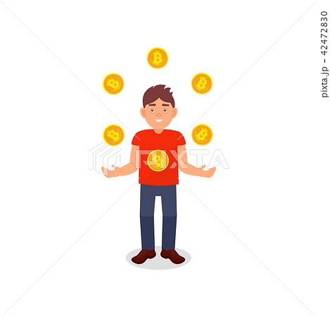 Smiling Young Man Juggling With Bitcoins のイラスト素材 4247
