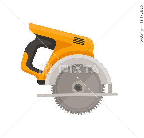 Flat vector icon of circular saw with steel toothed disc. Electric hand tool for cutting wood or 42472925