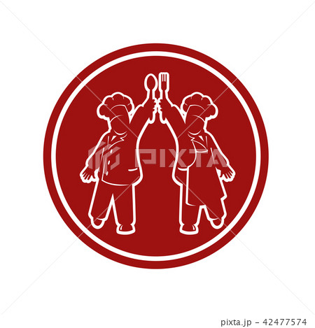 Red round badge with chief cooks outline Red round badge with chief cooks outline 42477574