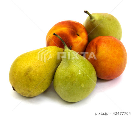 Two nectarines and three pears on a white 42477704