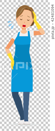 青いエプロンとゴム手袋を着用した女性が疲れている 42481094