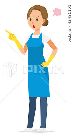 青いエプロンとゴム手袋を着用した女性が怒って指を指しているのイラスト素材