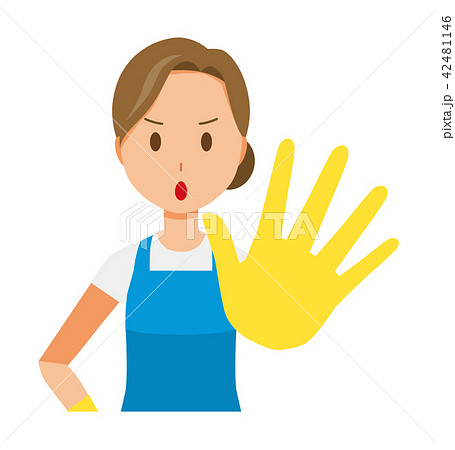 青いエプロンとゴム手袋を着用した女性が 手を差し出しているのイラスト素材