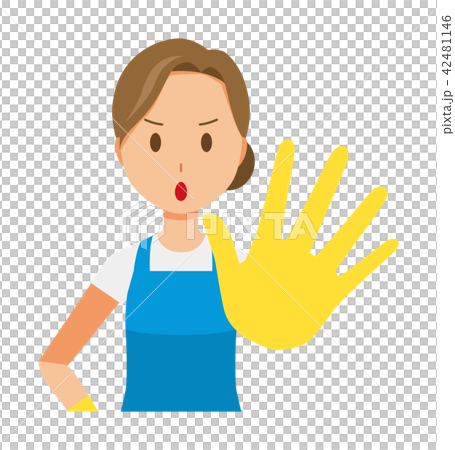 青いエプロンとゴム手袋を着用した女性が 手を差し出しているのイラスト素材