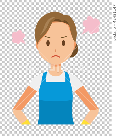 青いエプロンとゴム手袋を着用した女性が怒っている 42481147
