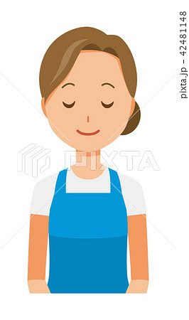 青いエプロンを着用した女性がお辞儀をしているのイラスト素材
