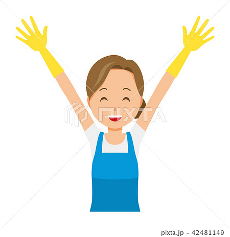 青いエプロンとゴム手袋を着用した女性が両手を上げているのイラスト素材