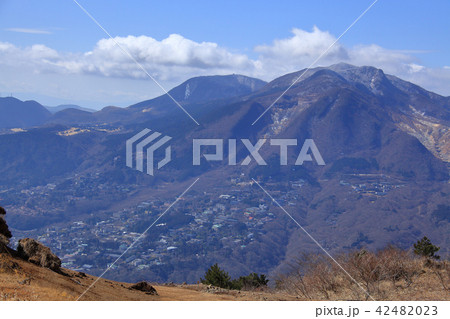 神奈川南足柄市の明神ヶ岳の山頂から見た南西の箱根山 42482023
