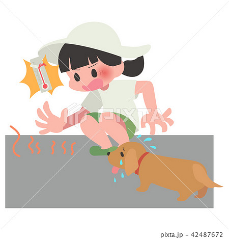 アスファルト 温度 熱い 女性 犬 ペット 散歩のイラスト素材