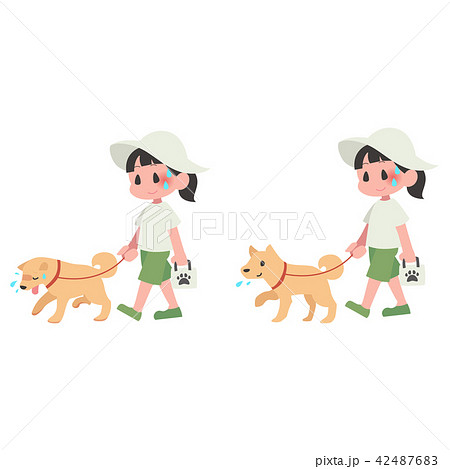 犬 ペット 散歩 暑い 女性 夏 熱中症 セットのイラスト素材