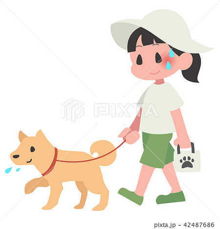 犬 ペット 散歩 夏 暑い 女性のイラスト素材