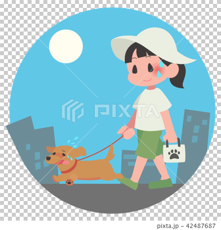 犬 ペット 散歩 夏 暑い 女性 熱中症 背景 昼のイラスト素材