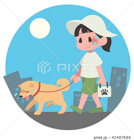 犬 ペット 散歩 夏 暑い 女性 熱中症 背景 昼のイラスト素材