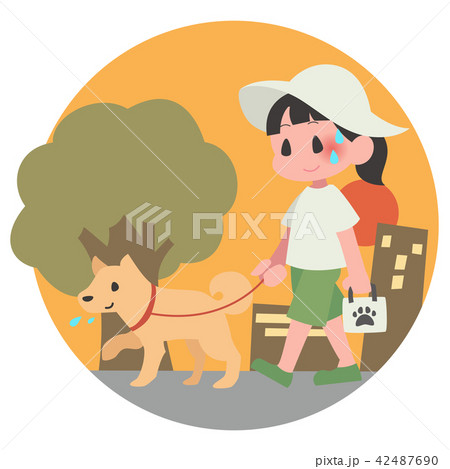 犬 ペット 散歩 夏 暑い 女性 背景 夕方のイラスト素材