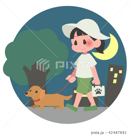 犬 ペット 散歩 夏 暑い 女性 背景 夜のイラスト素材