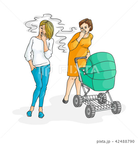 Vector sketch woman smoking near mom baby stroller 42488790