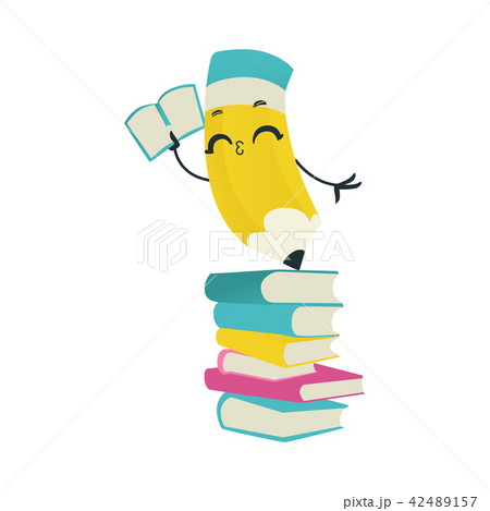 Cute pencil cartoon character with book stand on stack of textbooks isolated on white background. Cute pencil cartoon character with book stand on stack of textbooks isolated on white background. 42489157