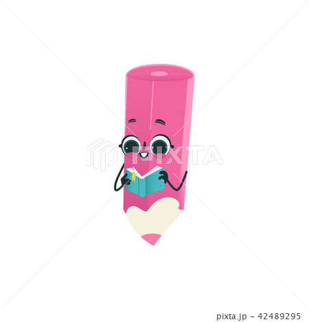 Cute pink pencil cartoon character reading book isolated on white background. Cute pink pencil cartoon character reading book isolated on white background. 42489295