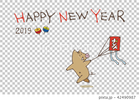 亥年　年賀状　凧揚げをするイノシシ手書きイラスト 42490987