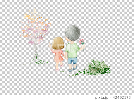 兄妹 花摘み 男の子 女の子 手描き水彩 兄妹 花摘み 男の子 女の子 手描き水彩 42492173