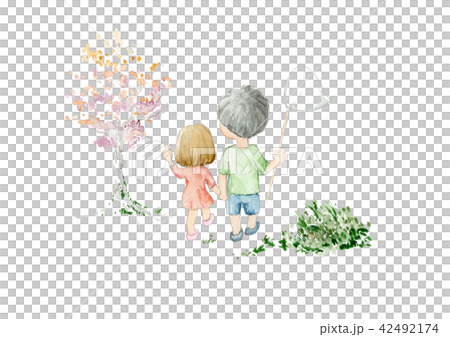 兄妹 虫取り 男の子 女の子 手描き水彩 兄妹 虫取り 男の子 女の子 手描き水彩 42492174