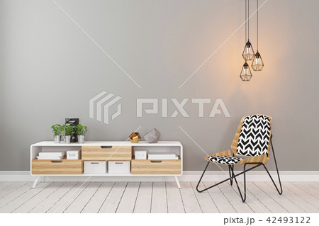 Classic scandinavian gray empty room interior with dresser, chair 42493122