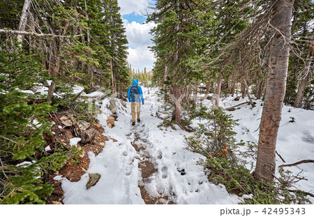 Tourist with backpack hiking on snowy trail 42495343