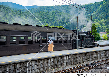 静岡県 大井川鐵道 千頭駅のホームに入線したSL列車 日傘をさす女性 静岡県 大井川鐵道 千頭駅のホームに入線したSL列車 日傘をさす女性 42495684