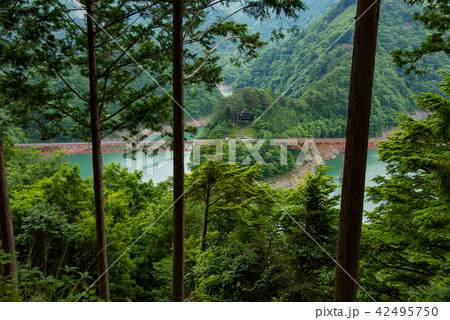 南アルプスあぷとライン 大井川鐵道井川線 せっそ湖に浮かぶ奥大井湖上駅の写真素材