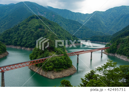 南アルプスあぷとライン　大井川鐵道井川線　せっそ湖に浮かぶ奥大井湖上駅　やってきたトロッコ列車 42495751