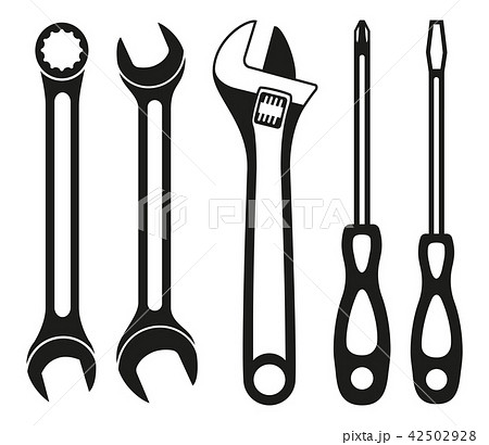 Black And White Wrench Screwdriver Silhouette Setのイラスト素材