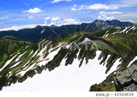 北アルプス水晶岳山頂から　槍ヶ岳へ続く裏銀座コース　 42503639