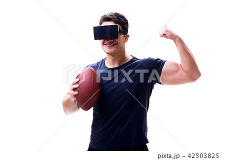 Man playing with virtual reality glasses on white background Man playing with virtual reality glasses on white background 42503825